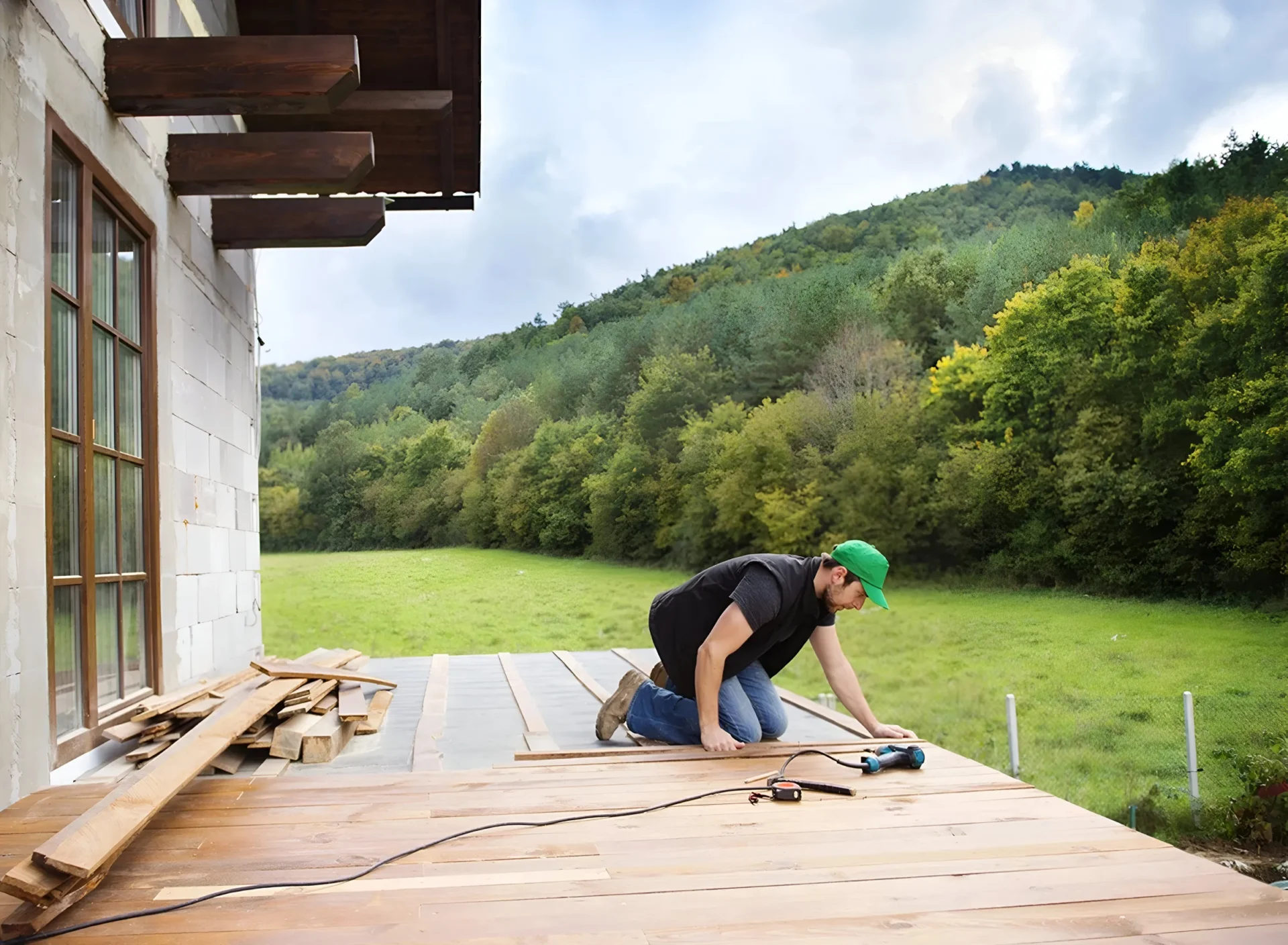 A man is working on the deck of his home.